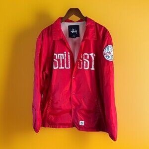 Stussy World Tribe Red Snap Button Coaches Jacket Sz L